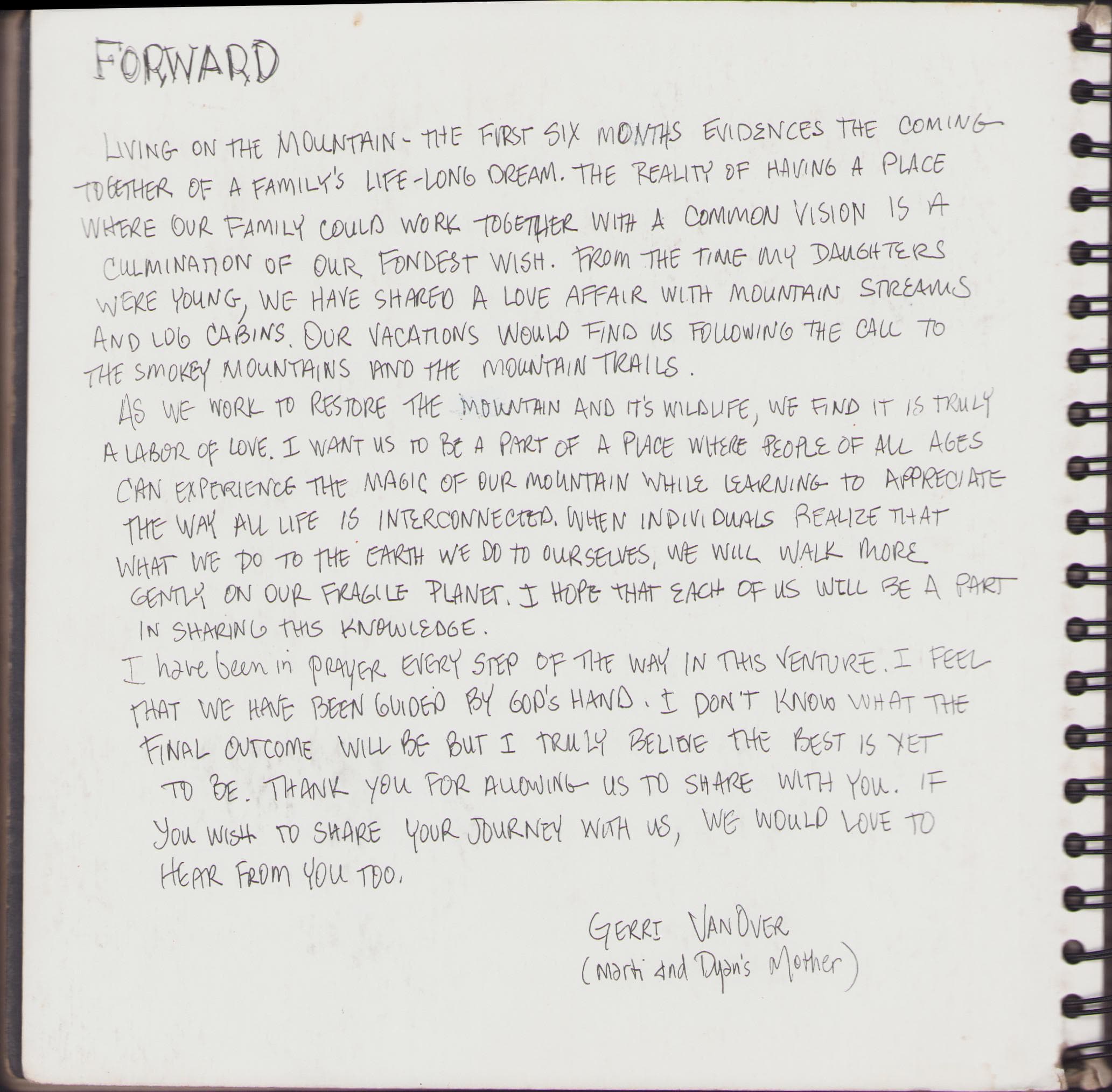 Handwritten journal — Forward by Grace VanDer: Living on the mountain, the first six months, a family's lifelong dream