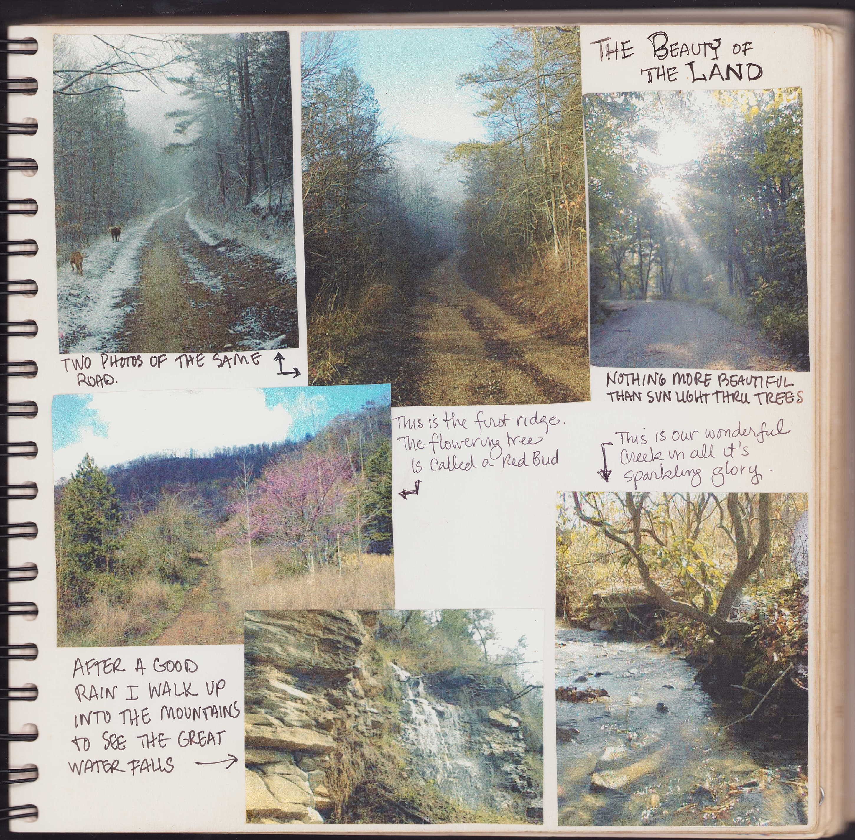 Journal page — The Beauty of the Land: cliff ridge, mountain trails, waterfalls, and creek