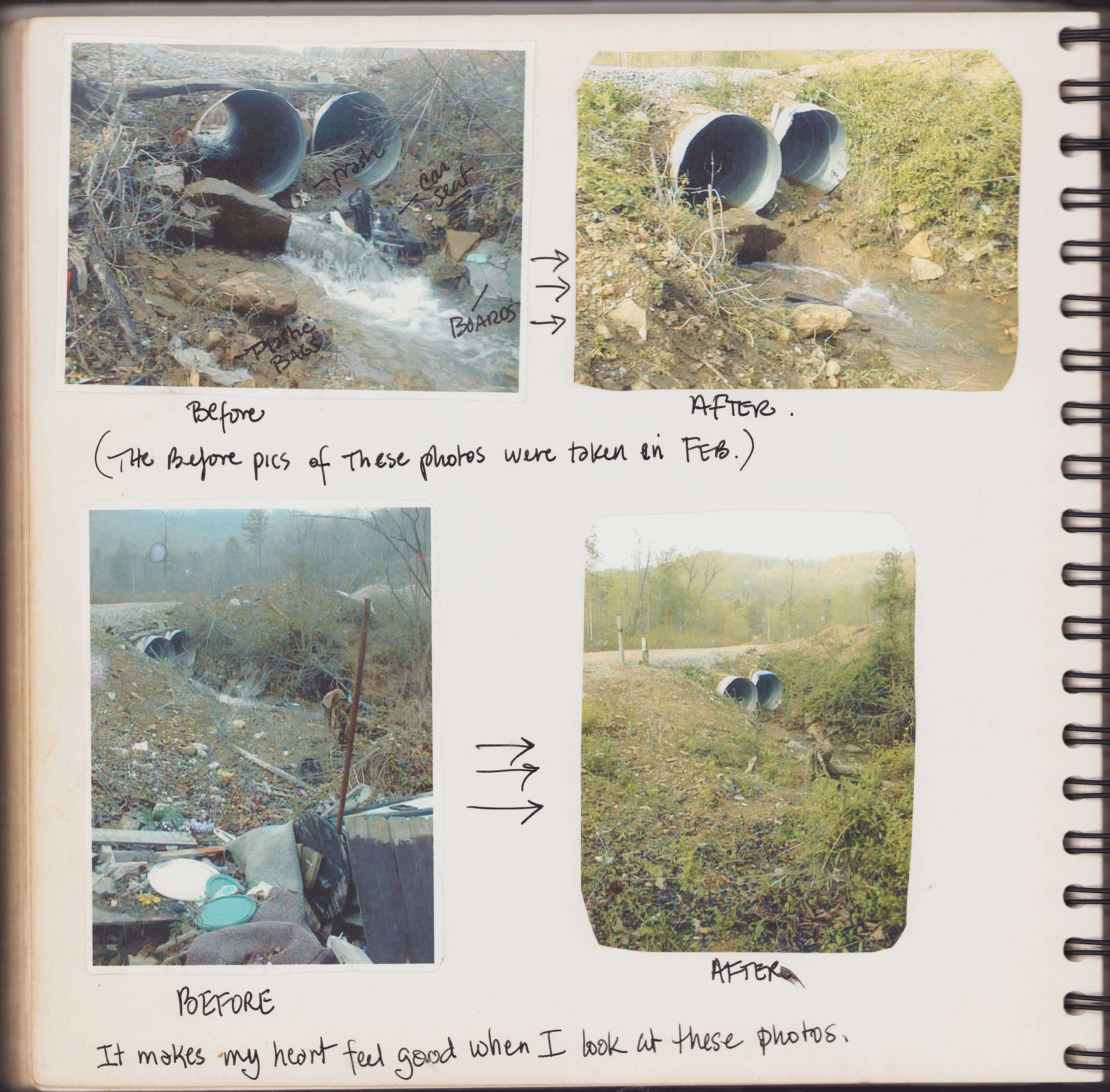 Journal page — Before and after: creek restoration from polluted drainage to clear flowing water