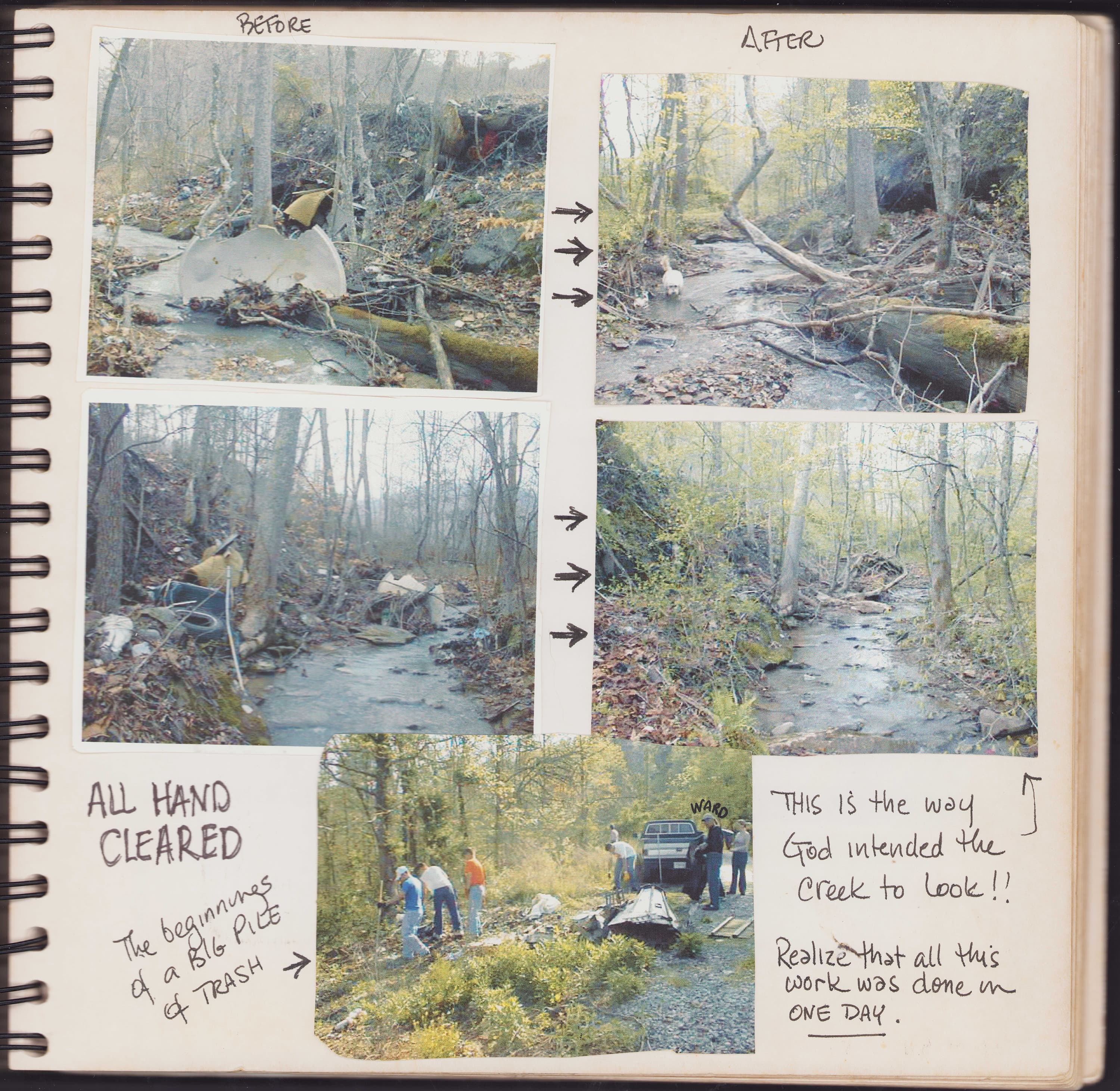 Journal page — All hand cleared: before and after photos of creek bed cleared of trash and debris