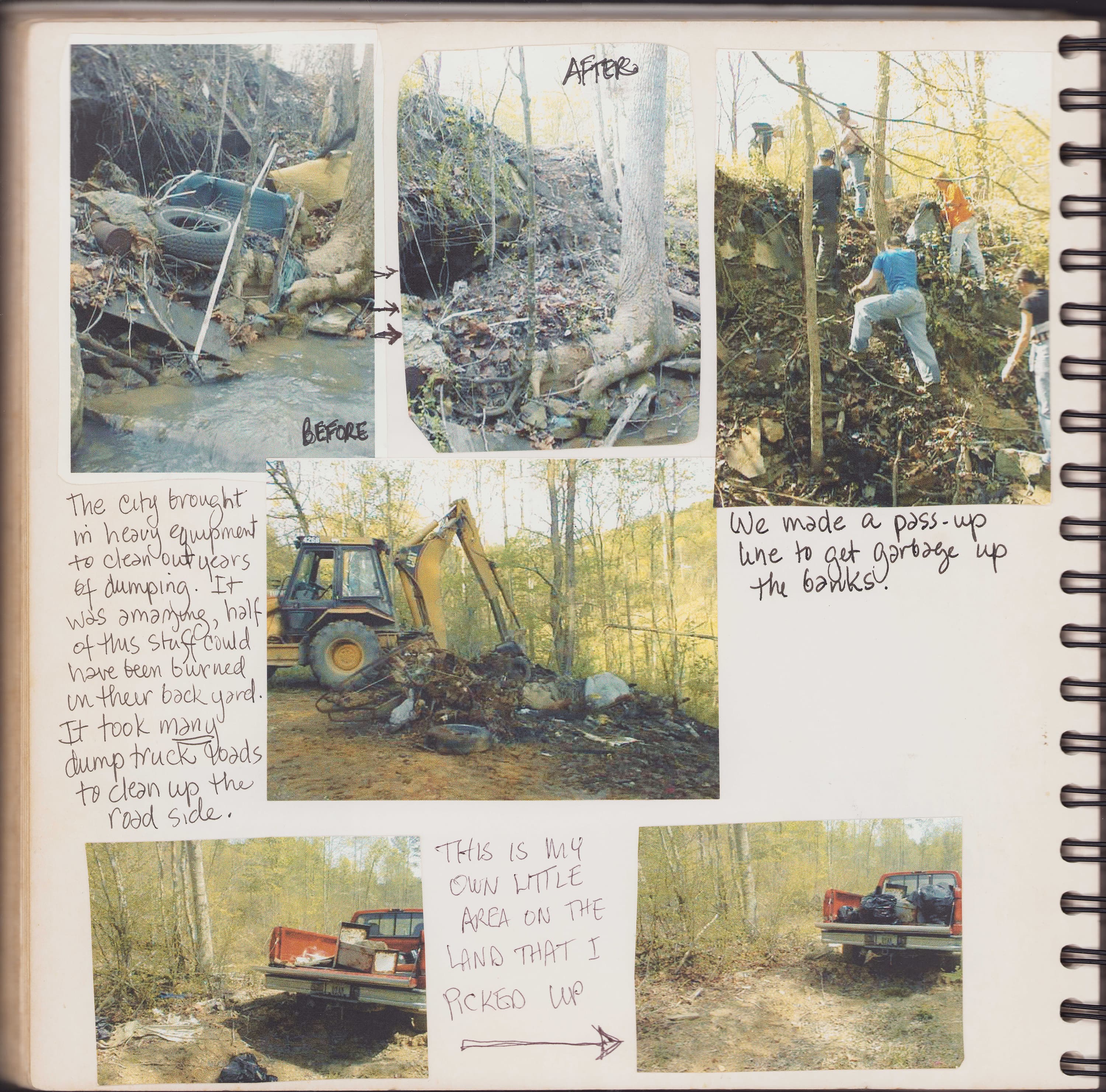 Journal page — The heavy lifting: dump trucks, equipment clearing brush and hauling debris from the mountain